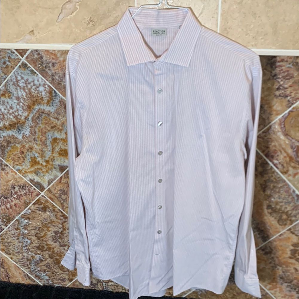 Kenneth Cole Reaction Dress Shirt Men's 17 32/33 Button-Up Pink Slim Fit Plaid
